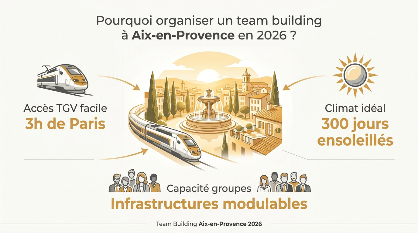 Infographie sur les avantages logistiques et climatiques du team building à Aix-en-Provence en 2026