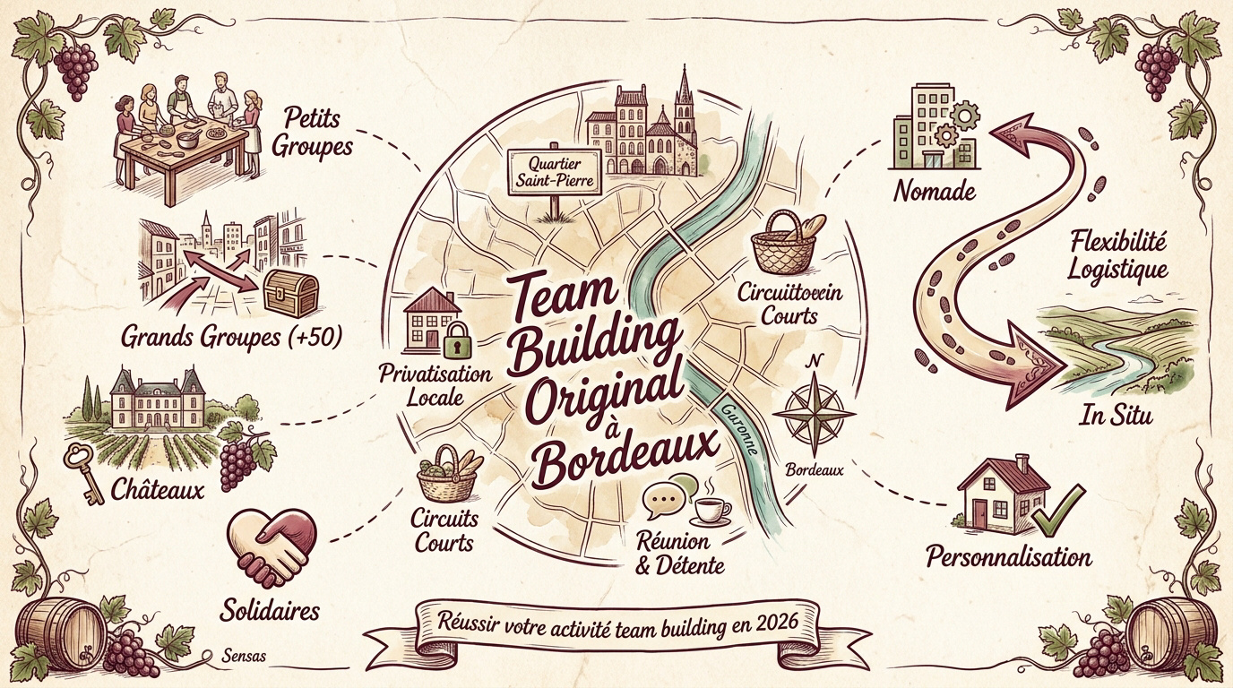 Infographie des activités de team building original à Bordeaux entre ville et vignoble