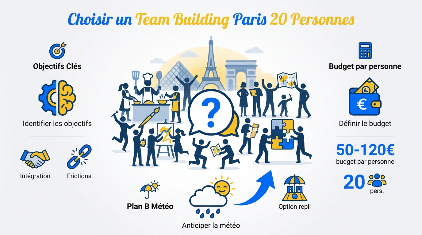 Infographie présentant les étapes clés pour organiser une animation team building à Paris pour un groupe de 20 personnes