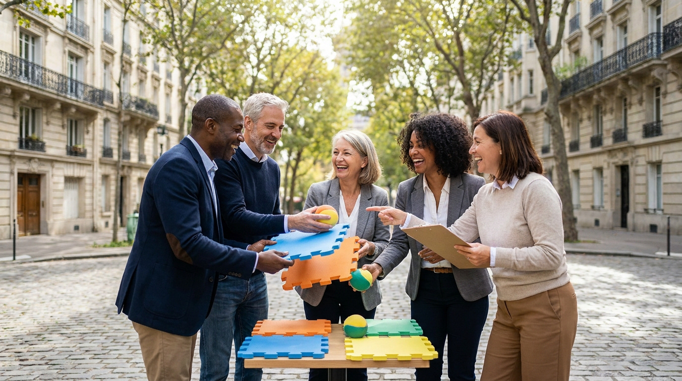 Collègues souriants assemblant des pièces de puzzle colorées lors d'un team building en extérieur à Paris.