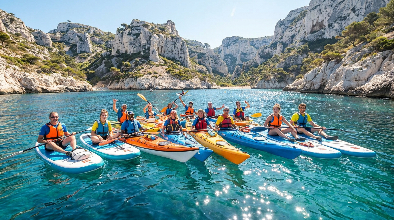 Groupe de collègues souriants en kayak et paddle dans les eaux cristallines des calanques de Marseille.