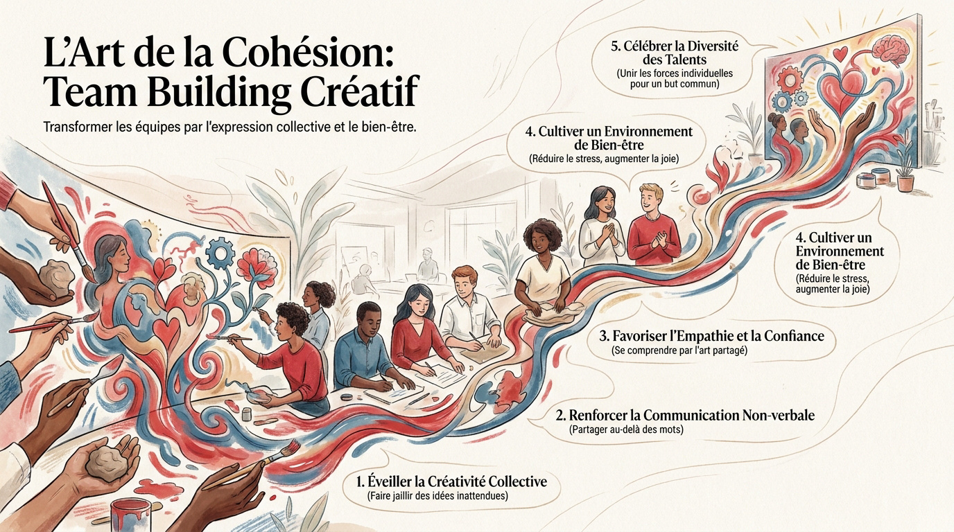 Collaborateurs participant à une fresque artistique collective pour renforcer la cohésion d'équipe