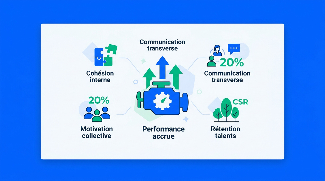 Équipe soudée collaborant lors d'une activité de team building en entreprise pour booster la performance.