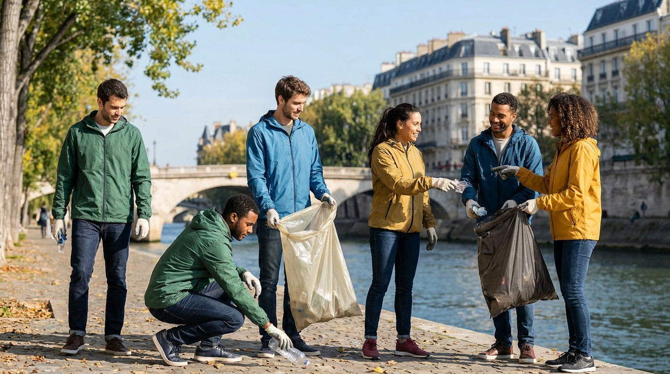 Groupe de collaborateurs ramassant des déchets sur les quais de Seine à Paris pour une action de team building RSE.