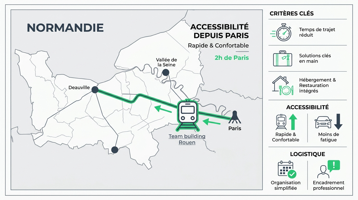 Train arrivant en gare de Rouen pour un séminaire d'entreprise en Normandie