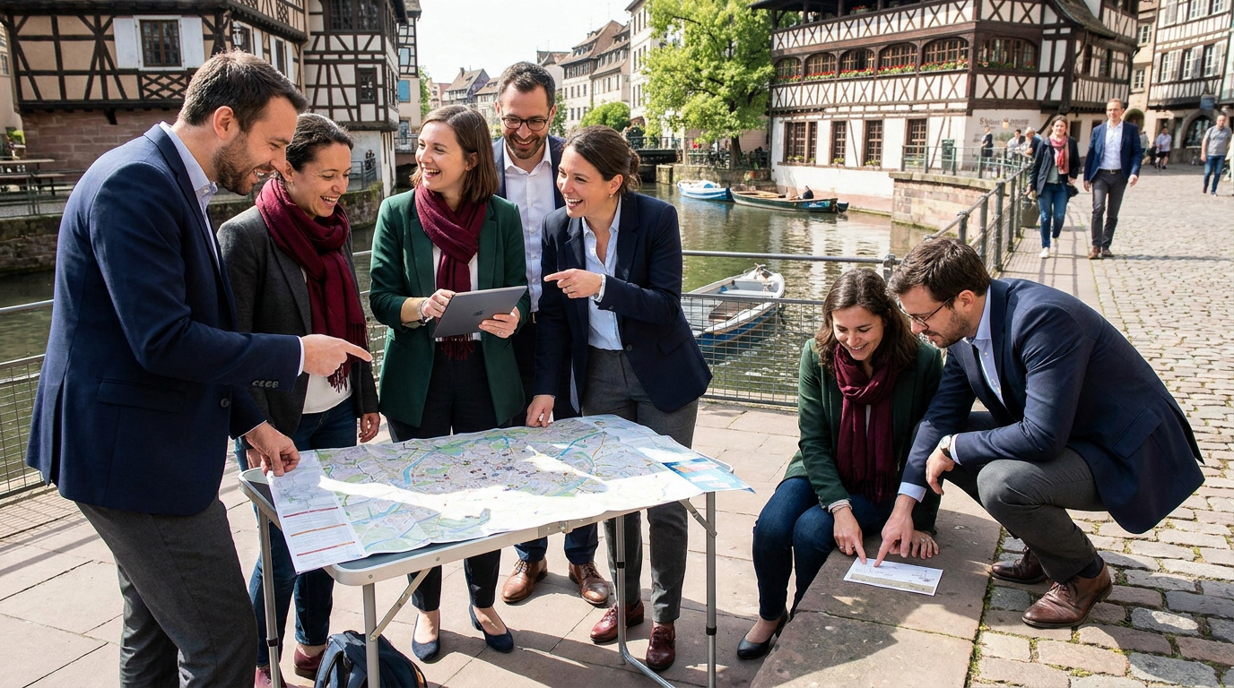 Groupe de collègues souriants consultant une carte à Strasbourg pour un team building.