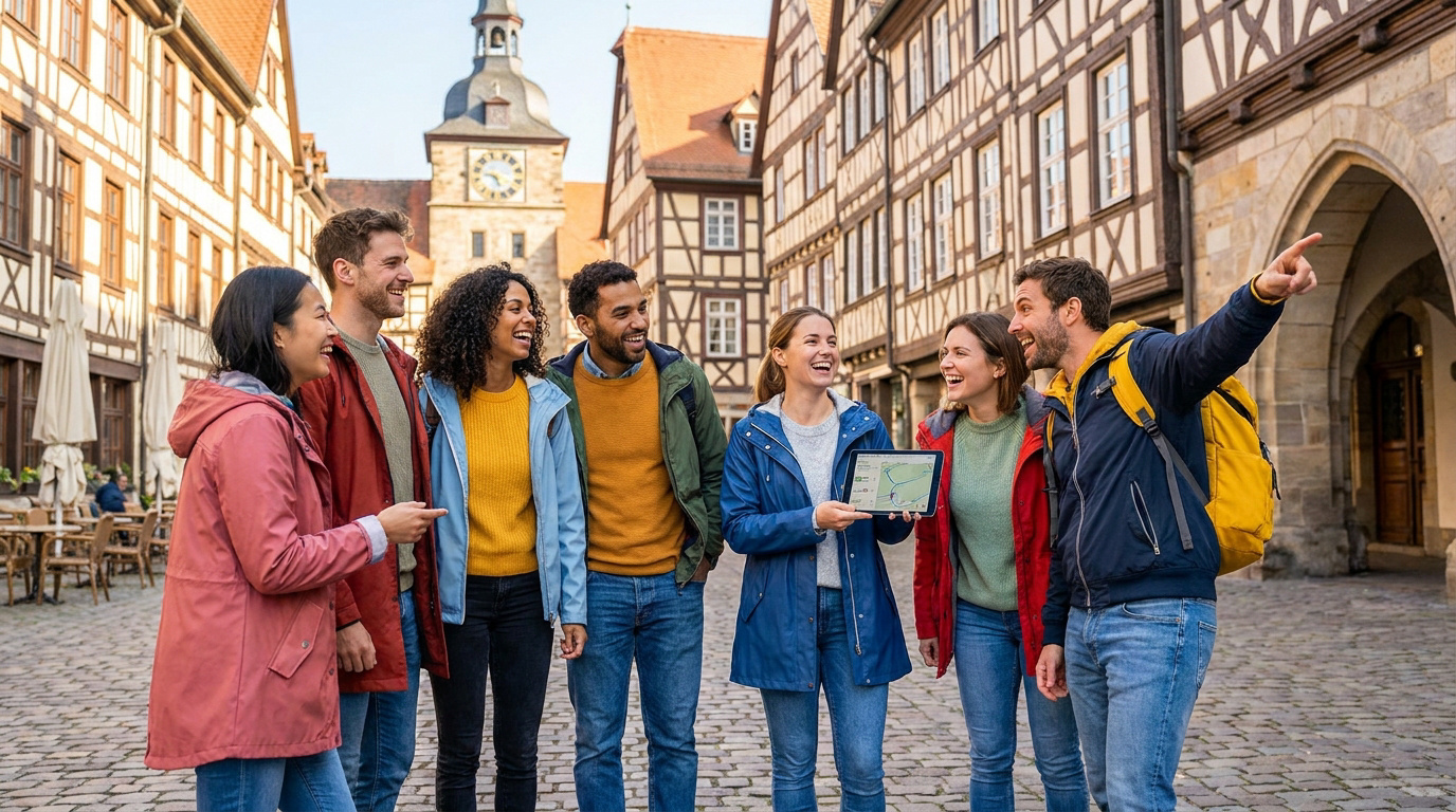 Groupe de collègues joyeux explorant le centre historique de Rouen avec une tablette lors d'un team building.