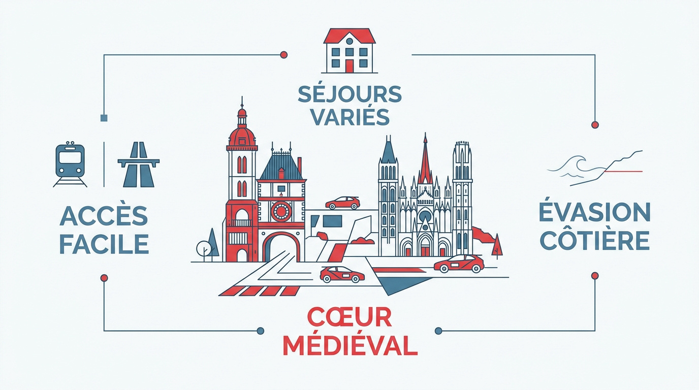 Vue panoramique du centre historique de Rouen avec ses maisons à colombages et ses monuments gothiques