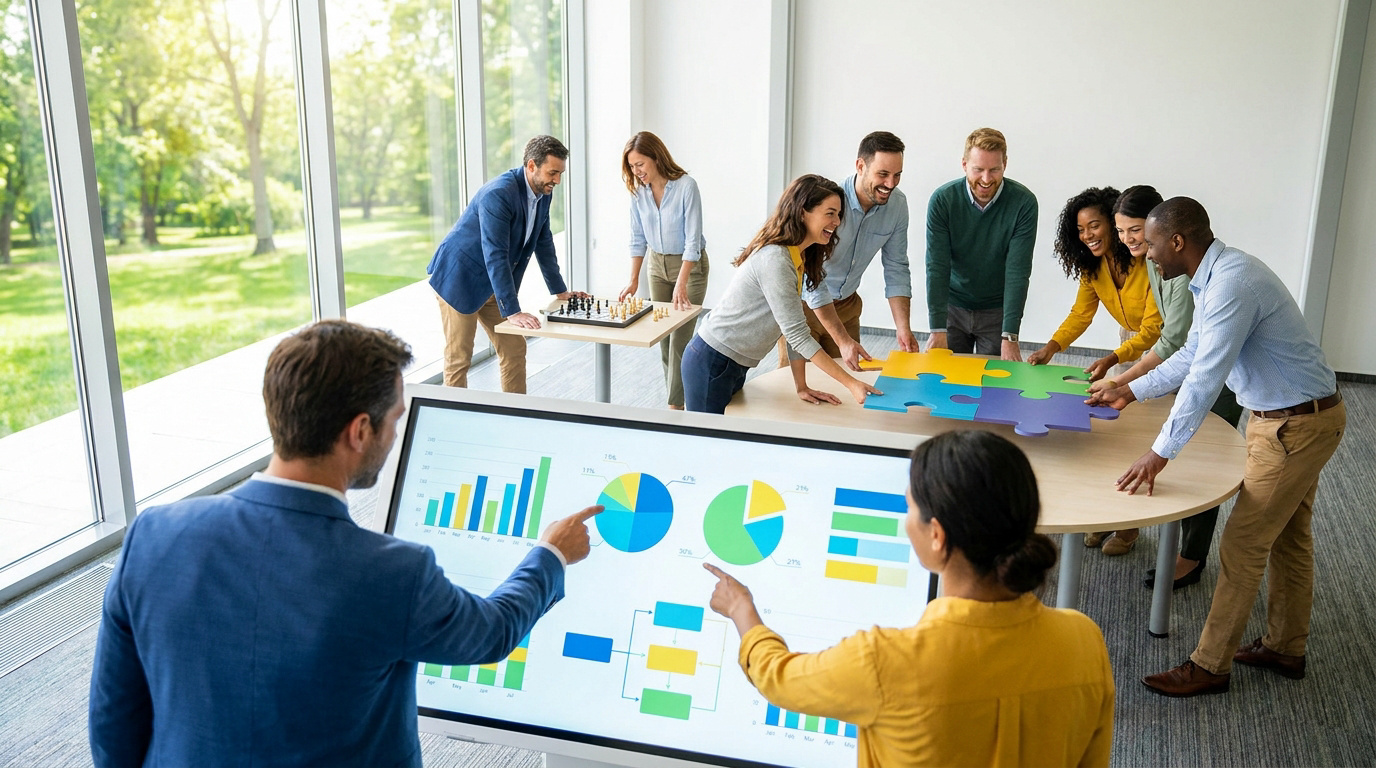 Équipe d'entreprise travaillant sur des puzzles et des graphiques numériques dans un bureau lumineux.