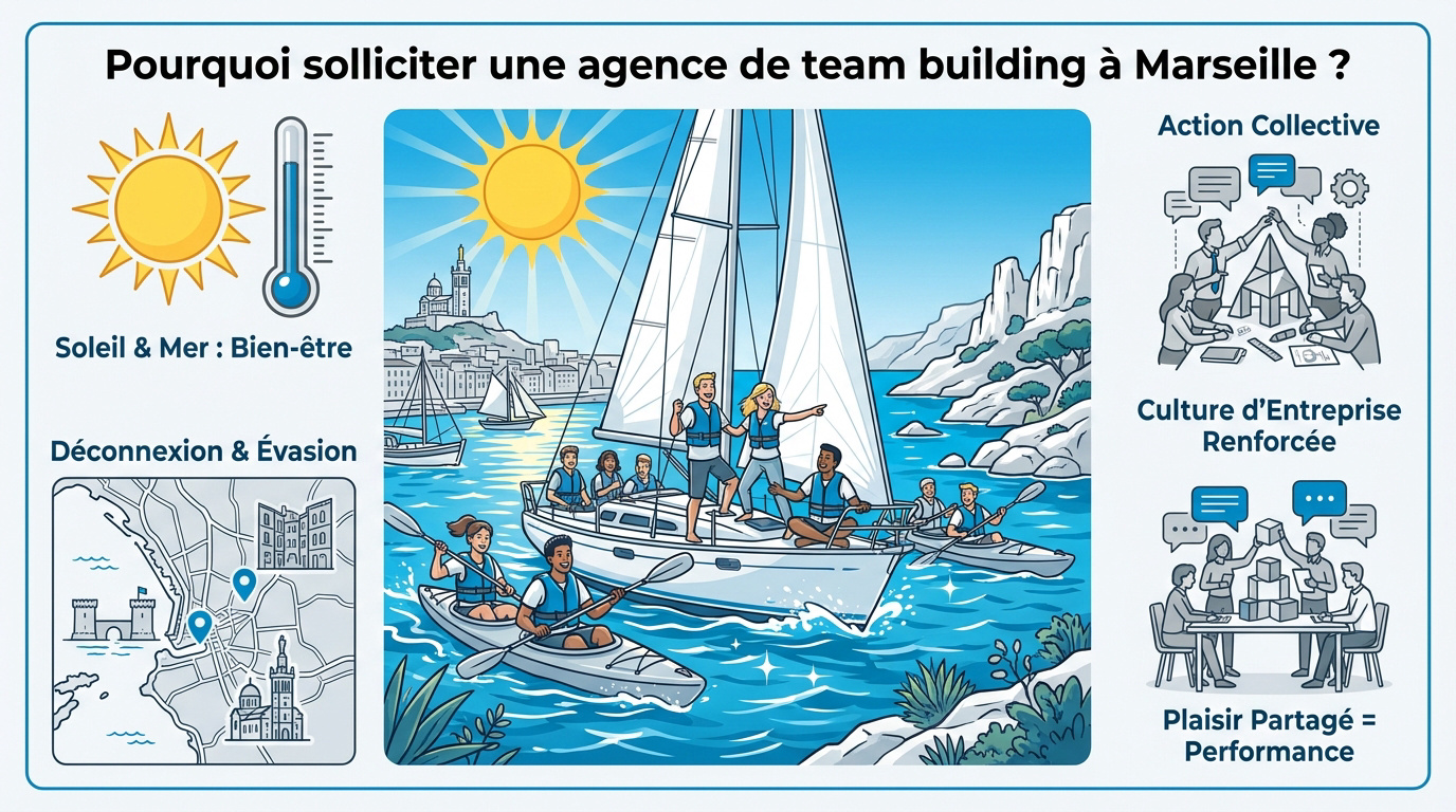 Équipe en séminaire face à la mer à Marseille sous le soleil