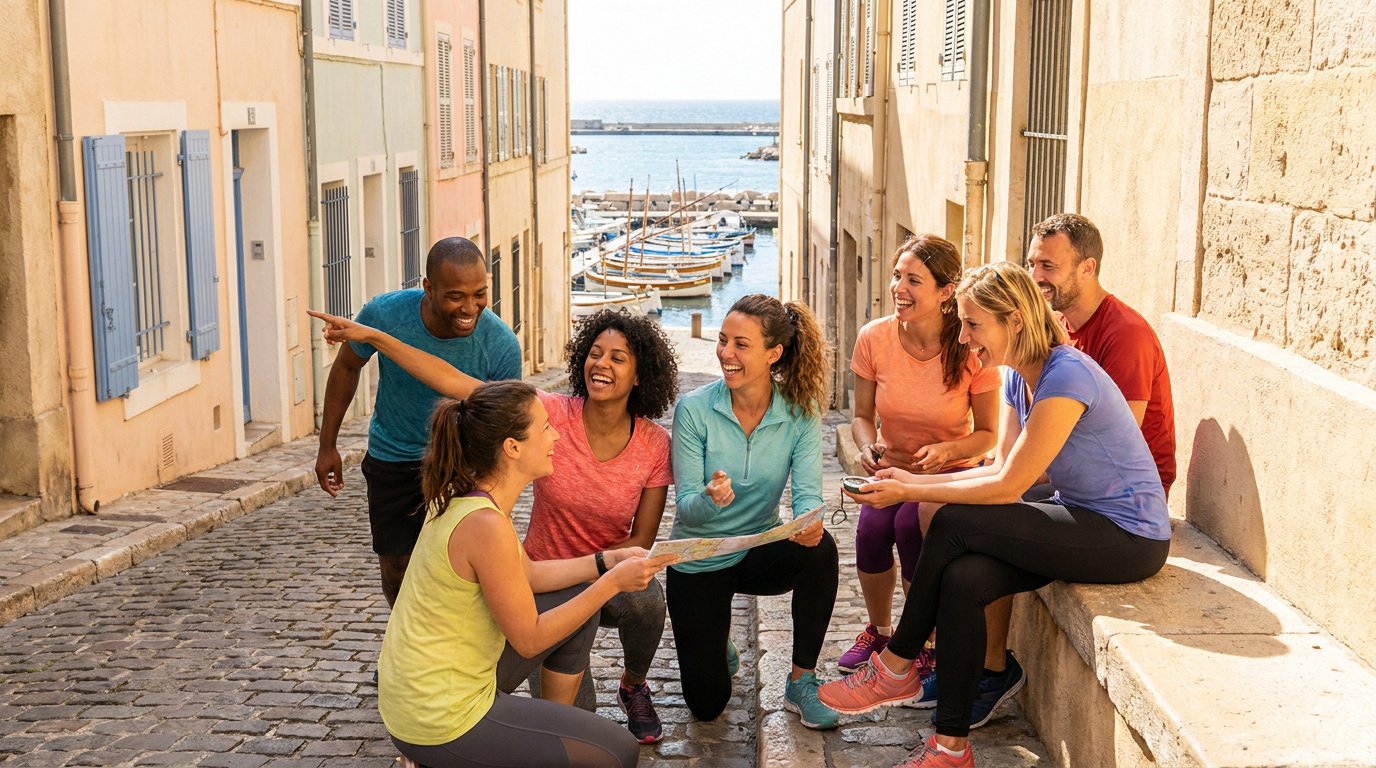 Groupe d'amis souriants en tenue de sport consultant une carte dans une rue pittoresque de Marseille près du port.