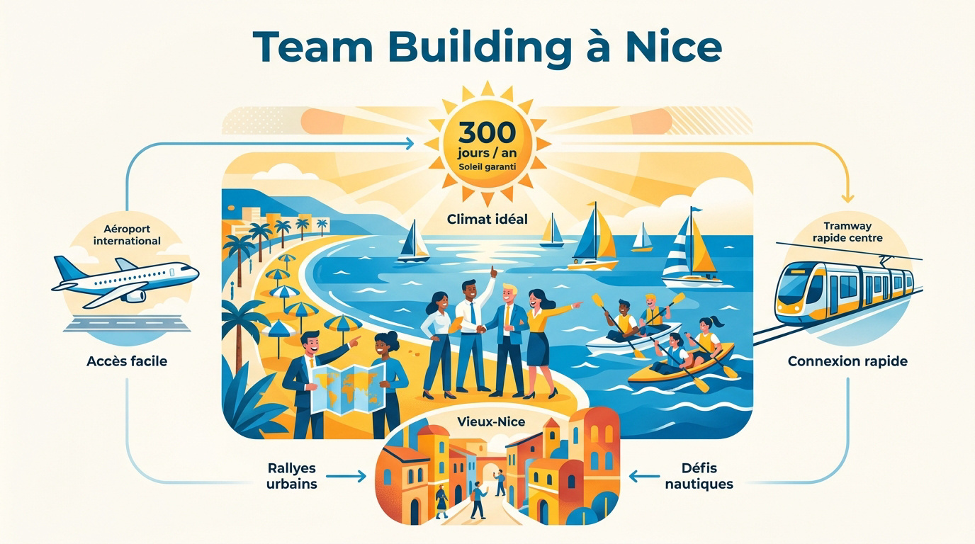 Équipe en team building sur la Promenade des Anglais à Nice sous le soleil