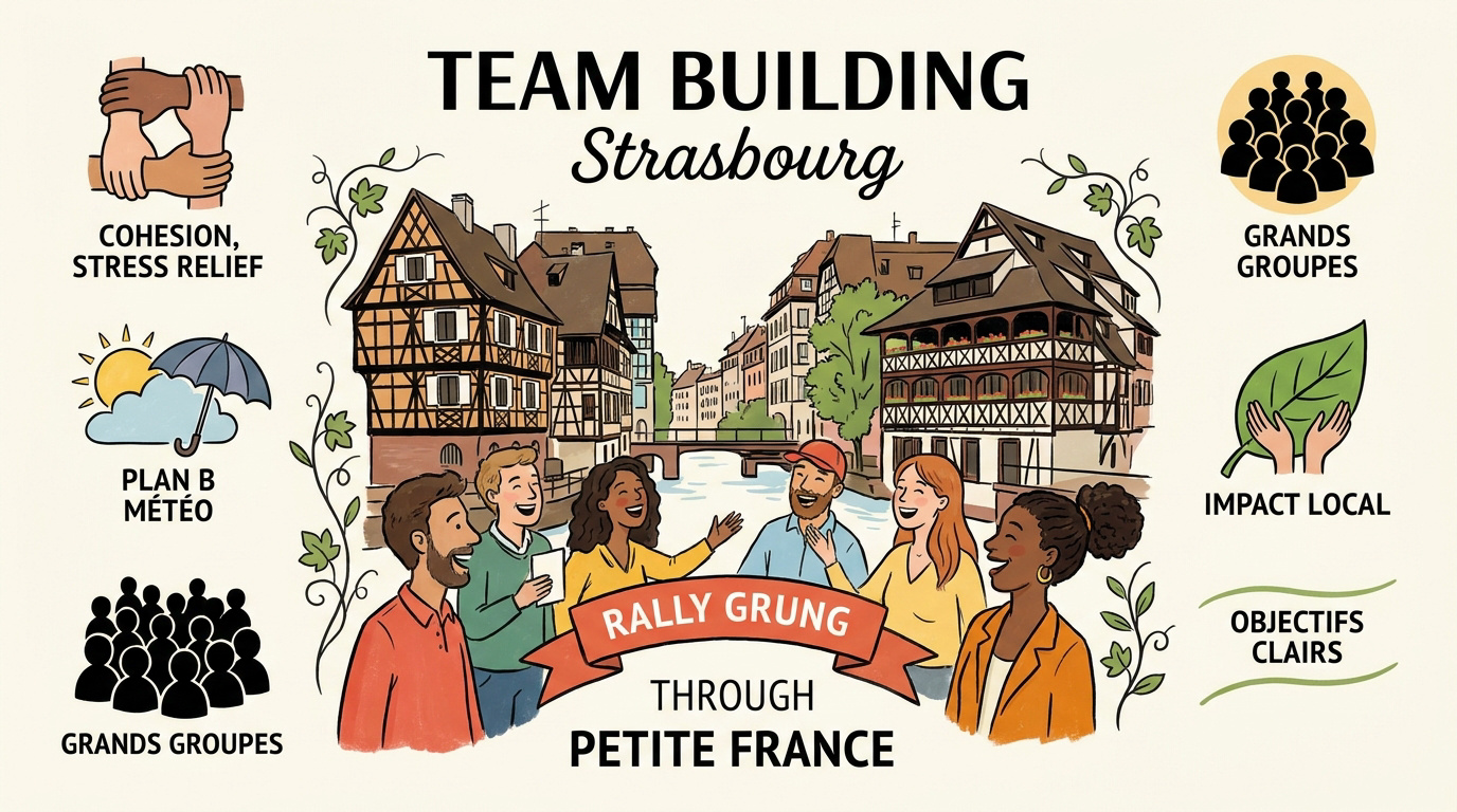 Équipe participant à un rallye urbain dans le quartier de la Petite France à Strasbourg