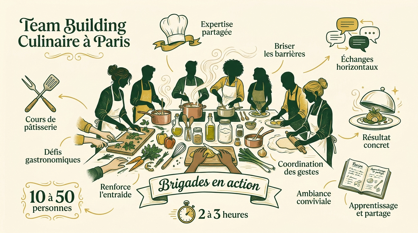 Infographie présentant les étapes d'un team building culinaire à Paris pour renforcer la cohésion d'équipe