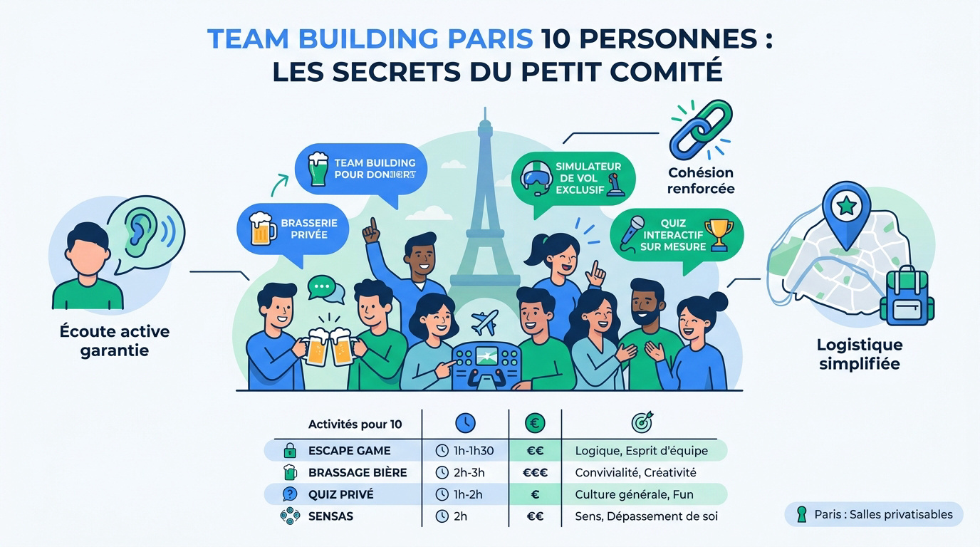 Groupe de dix collaborateurs souriants lors d'une animation team building à Paris