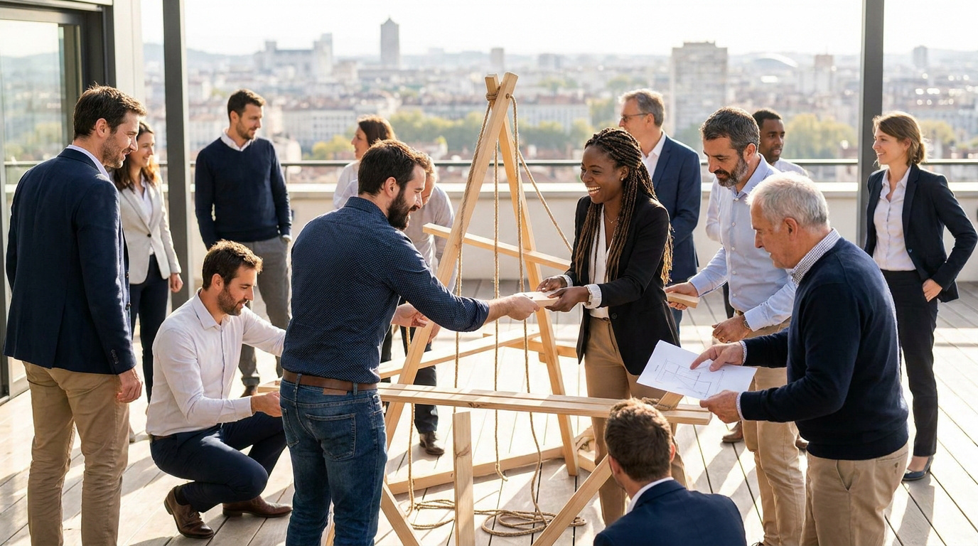 Une équipe de professionnels en tenue décontractée collabore à la construction d'une structure en bois sur une terrasse.