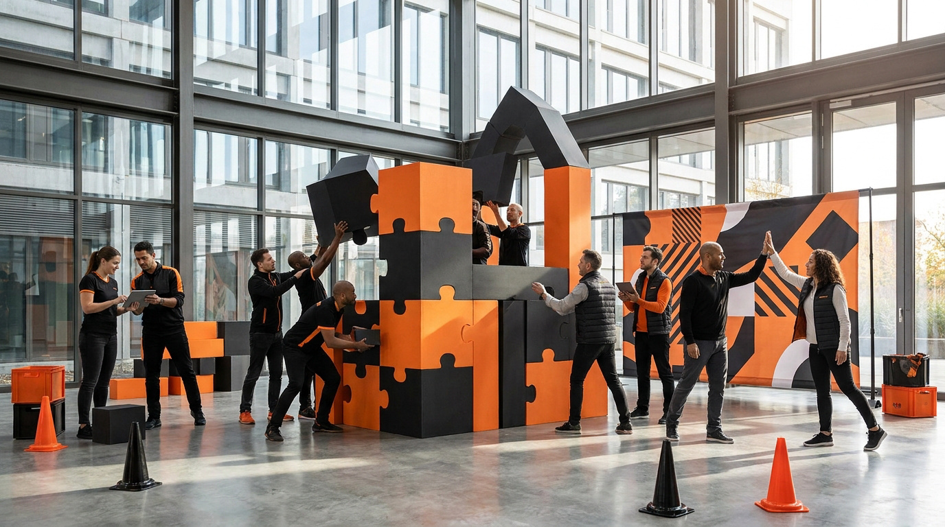 Équipe d'employés construisant une structure en pièces de puzzle géantes orange et noires dans un hall moderne.