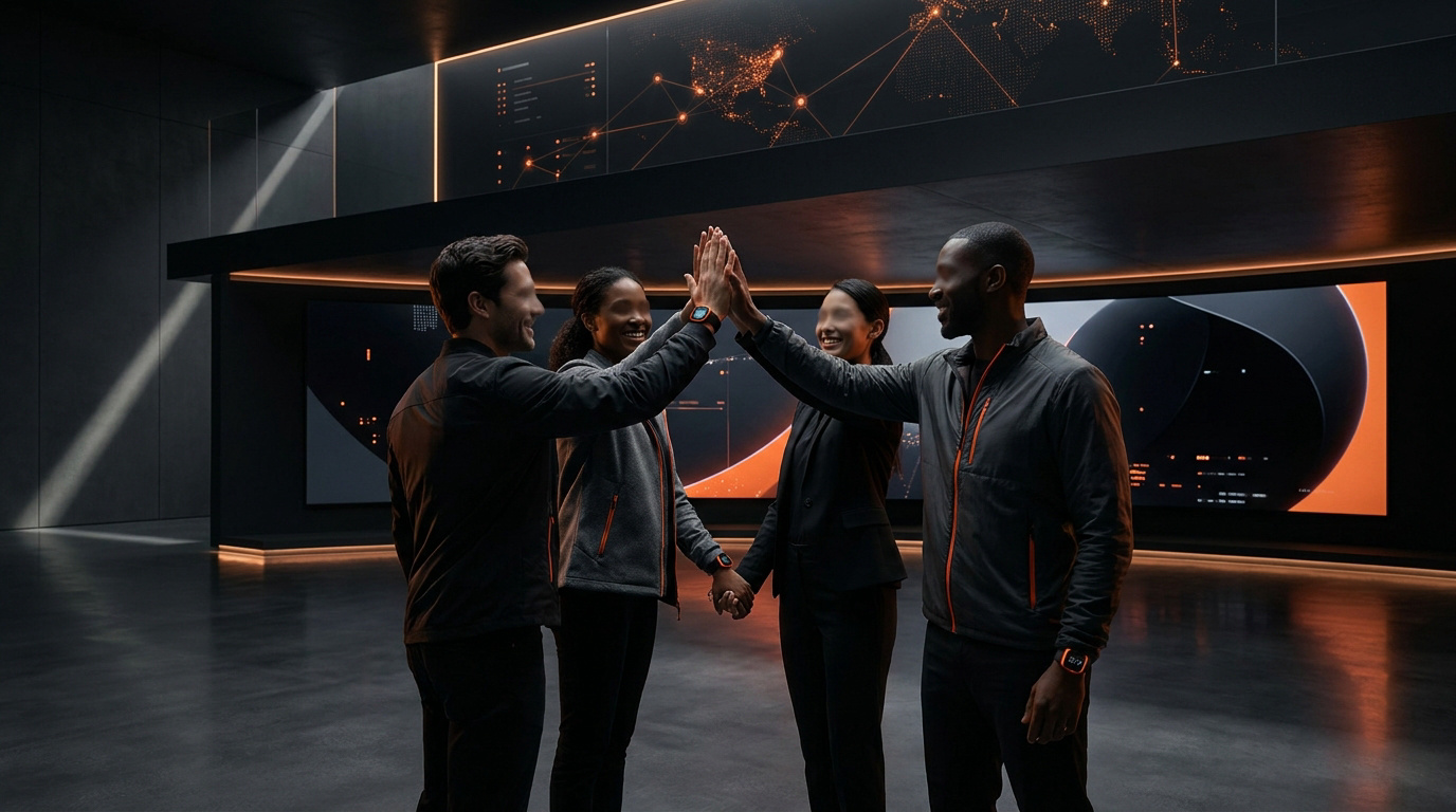 Quatre professionnels souriants font un check dans un centre de contrôle high-tech moderne.