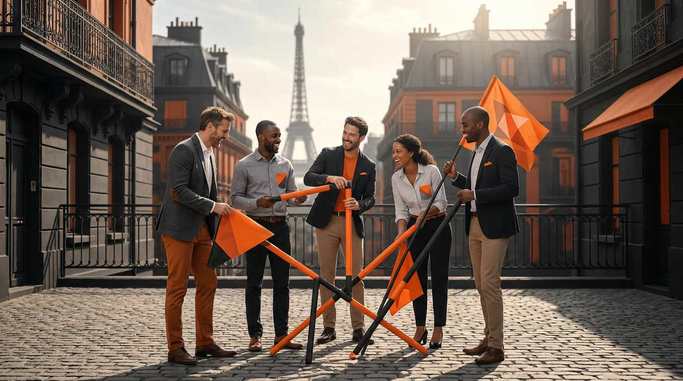Une équipe professionnelle sourit en assemblant des drapeaux orange devant la Tour Eiffel dans une rue pavée de Paris.