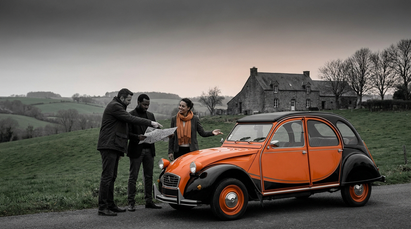 Trois collègues étudient une carte près d'une voiture Citroën 2CV orange et noire dans un paysage normand.