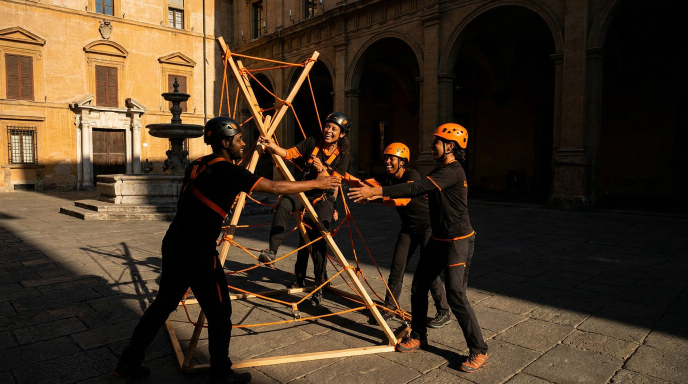 Équipe souriante portant des casques, construisant une structure en bois et cordes sur une place historique à Montpellier.