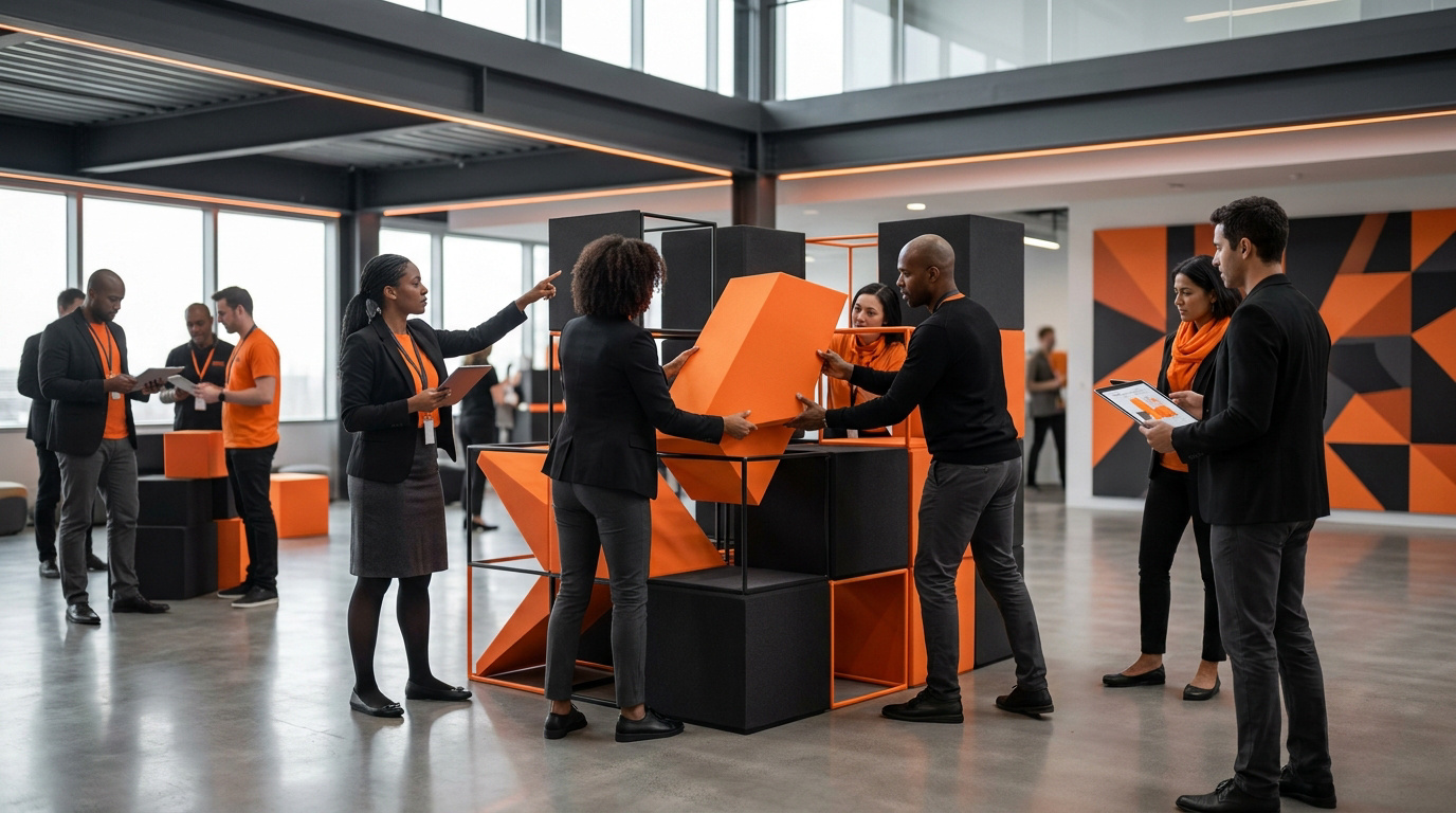 Équipe diversifiée collaborant sur une structure géométrique orange et noire dans un bureau moderne.