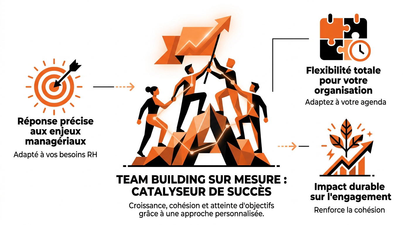Équipe soudée lors d'une activité de team building sur mesure en entreprise