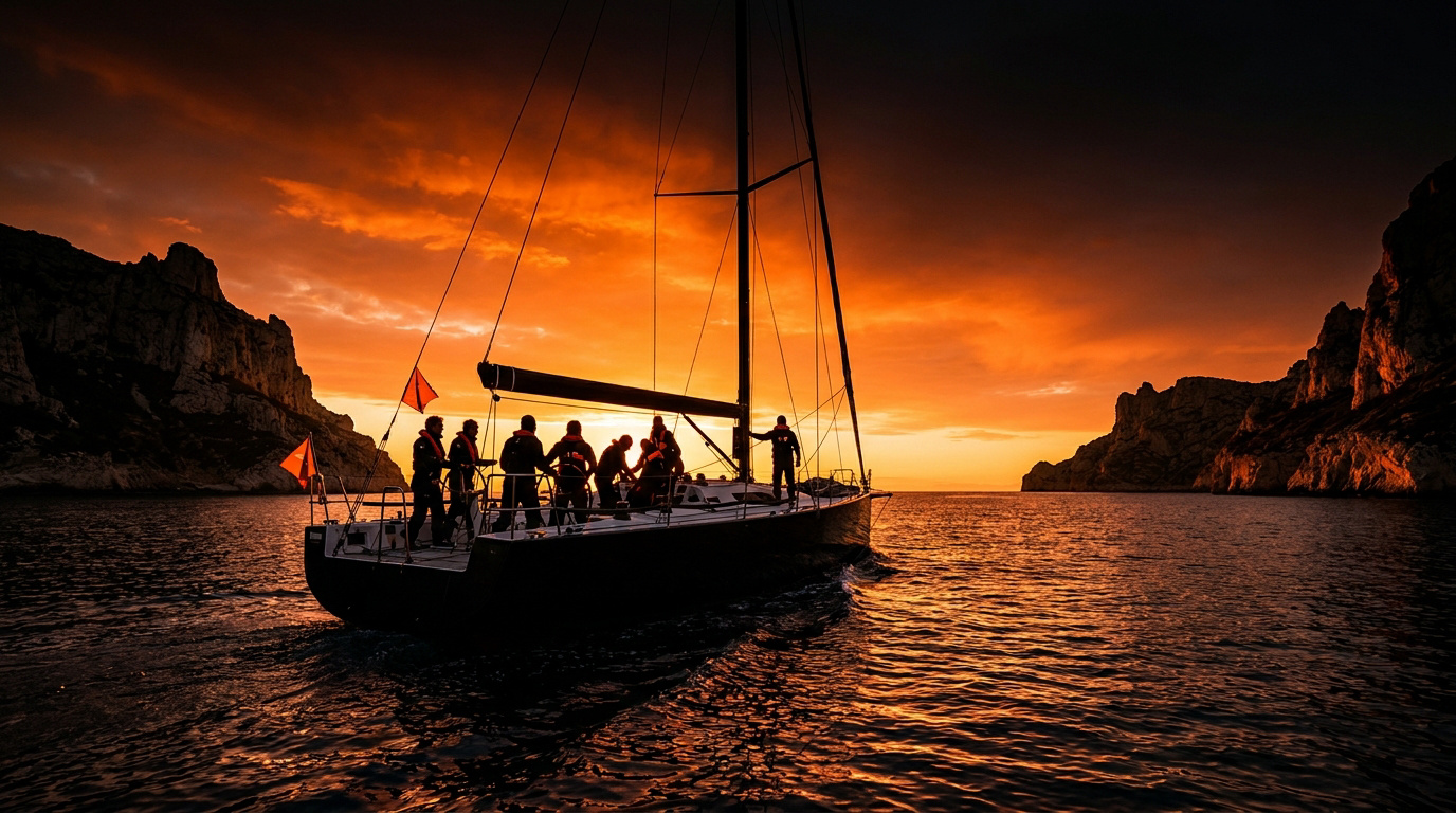 Équipe en team building sur un voilier dans les Calanques de Marseille au coucher du soleil.