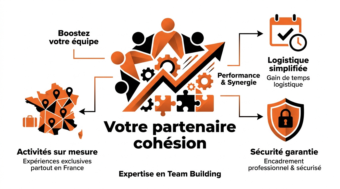 Équipe soudée lors d'une activité de cohésion organisée par une agence événementielle experte